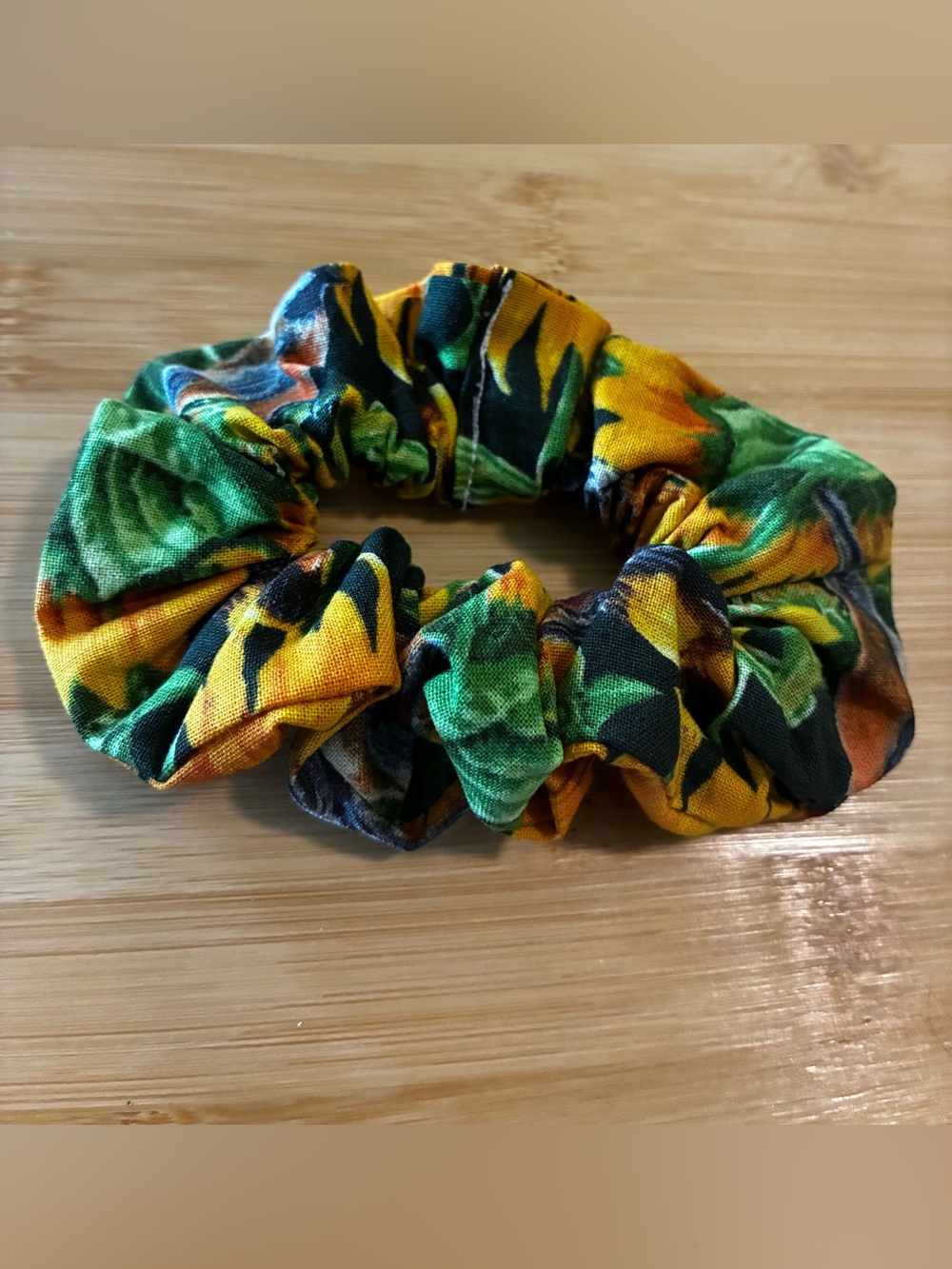 Sunflower Print Fabric Scrunchie - Yellow & Green Hair Accessory - Picture 2 of 2